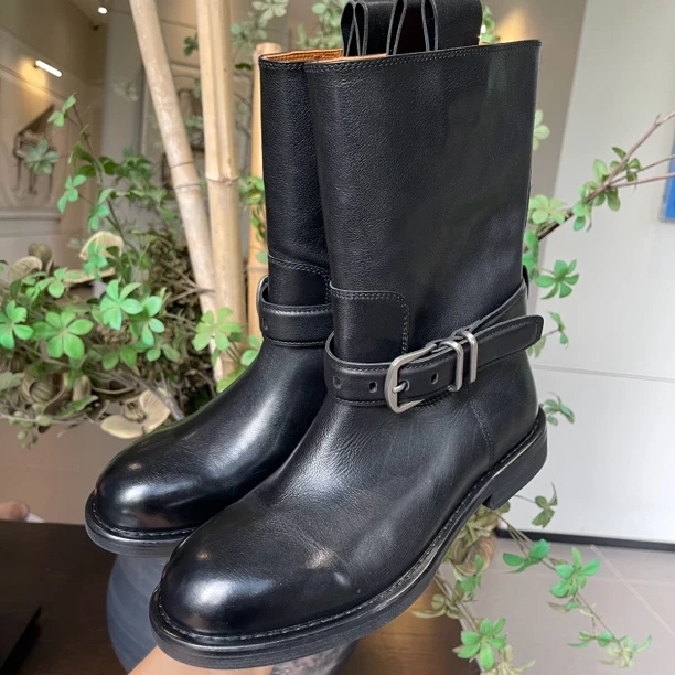 秋冬牛皮中筒骑士靴女时尚靴