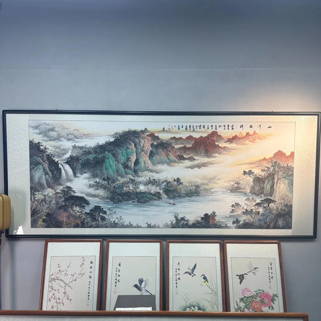 纯手绘-山河锦绣285X115新中式山水国画客厅办公室挂画背景墙挂画