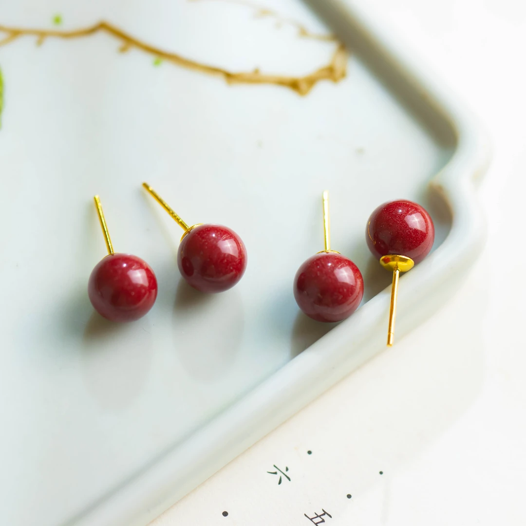 含辰砂工艺品朱砂圆珠S925镀金耳钉（多样性发货发其一）