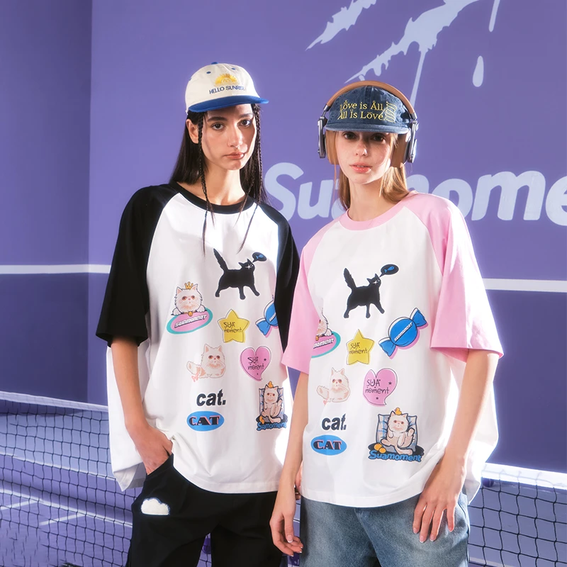 SuaMoment猫咪元素可爱卡通插肩短袖T恤男女夏季休闲宽松情侣体恤