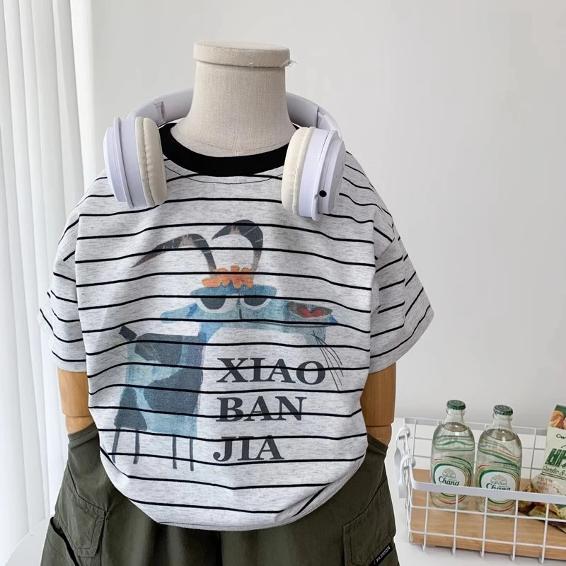 男童条纹短袖T恤洋气中小童卡通半袖衫2025新款儿童夏季休闲上衣T