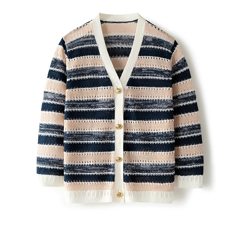 夏季女士100%亚麻针织开衫网眼肌理条纹套头针织开衫防晒空调衫