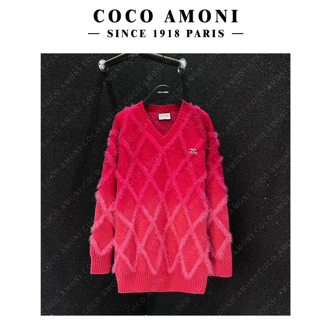 【米娜专属】菱形格红色系渐变中长款V领套头针织衫高级感2025004