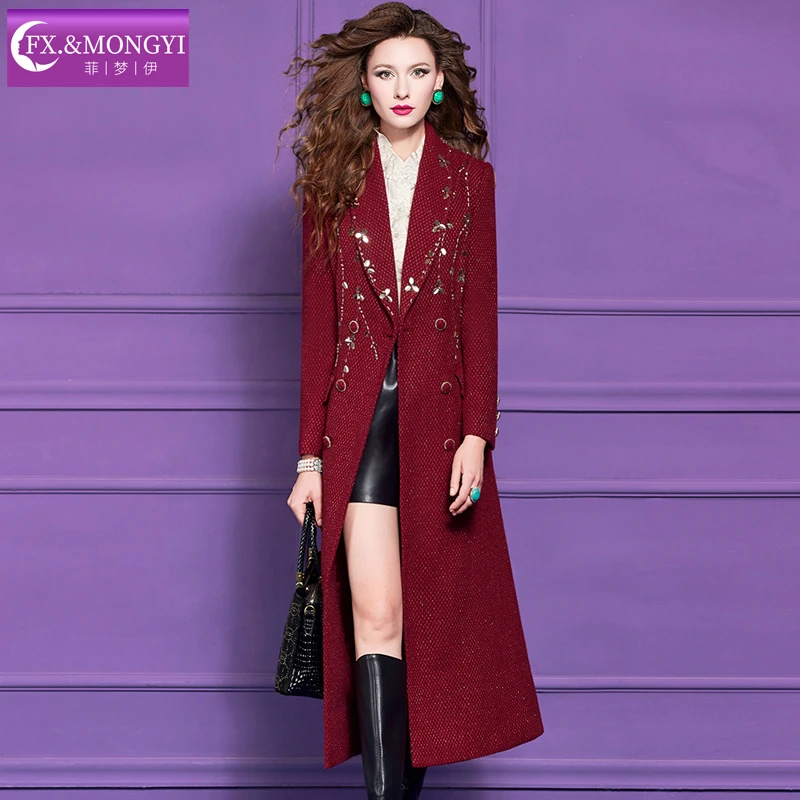 菲梦伊秋冬毛呢修身显瘦气质红色中长款新款时尚风衣68340