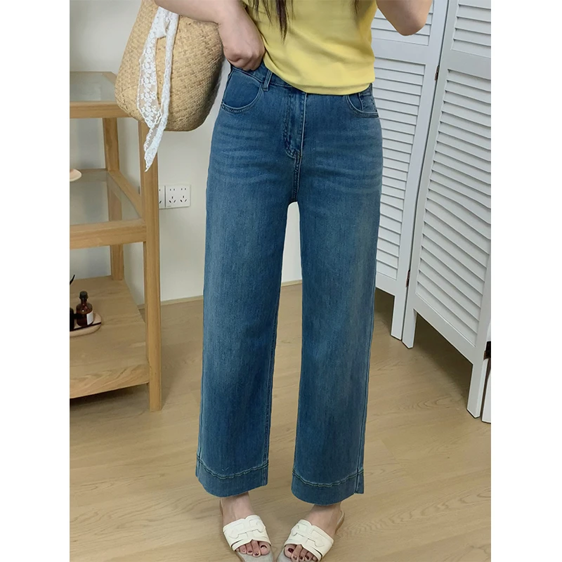 九分简约高腰直筒牛仔裤女夏季新款梨型身材显瘦宽松遮肉阔腿裤子