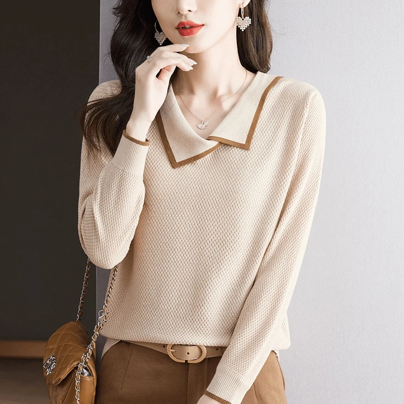 2025早春新款长袖针织不规则翻领秋装薄款毛衣时尚针织打底衫上衣