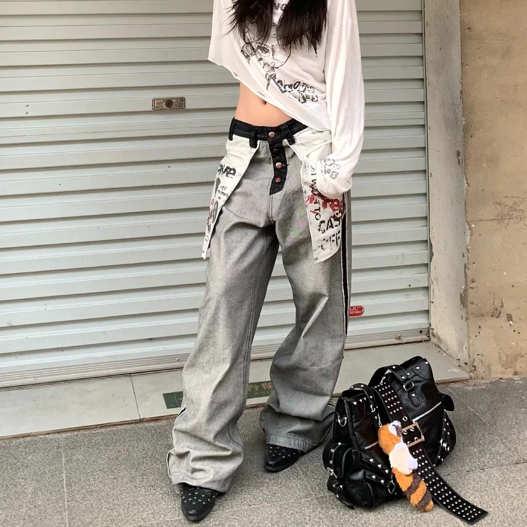 美式复古反穿口袋设计拼接牛仔裤印花男女款通勤小众百搭拖地长裤