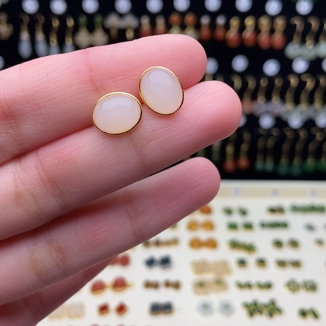 和田玉银S925镀金镶嵌耳饰