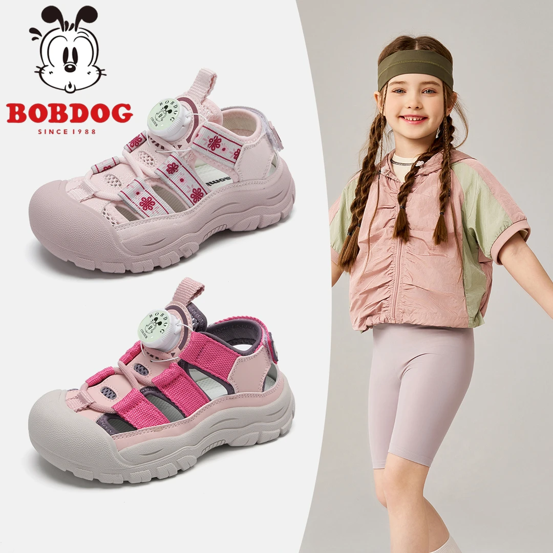 巴布豆女童运动凉鞋2025夏季新款软底沙滩儿童户外休闲旋钮扣鞋子