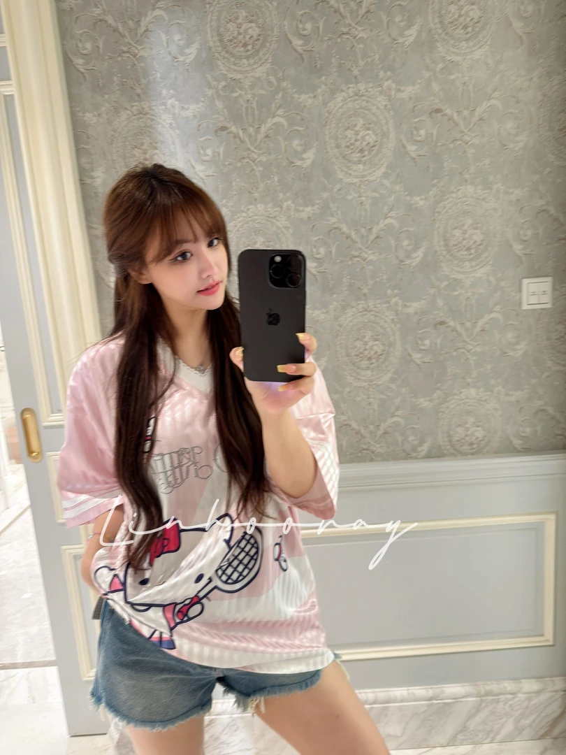 【sKycaptian】原创球衣式粉色条纹运动风防晒短袖宽松t恤SK029124