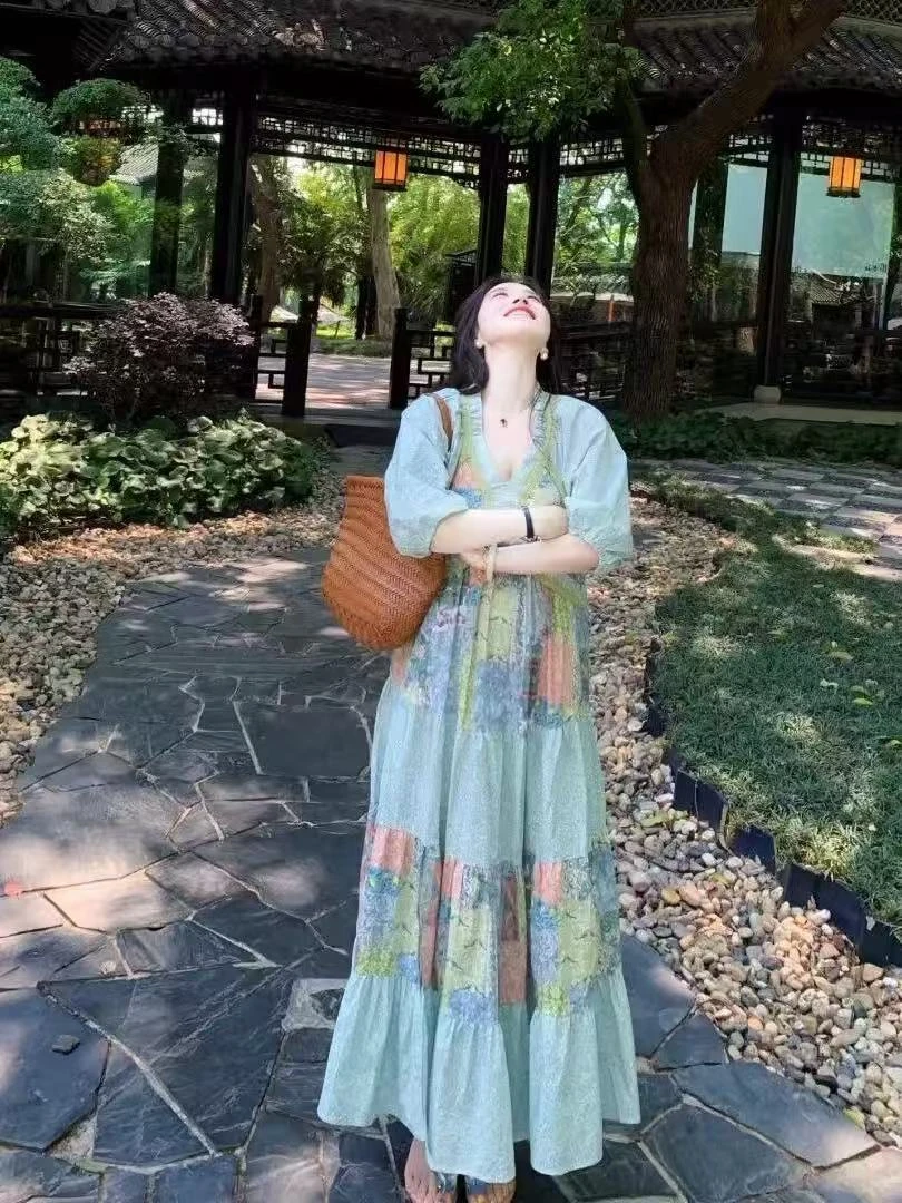 【曲奇COOKY专属】法式波西米亚绿色V领连衣裙夏季旅游度假风长裙子