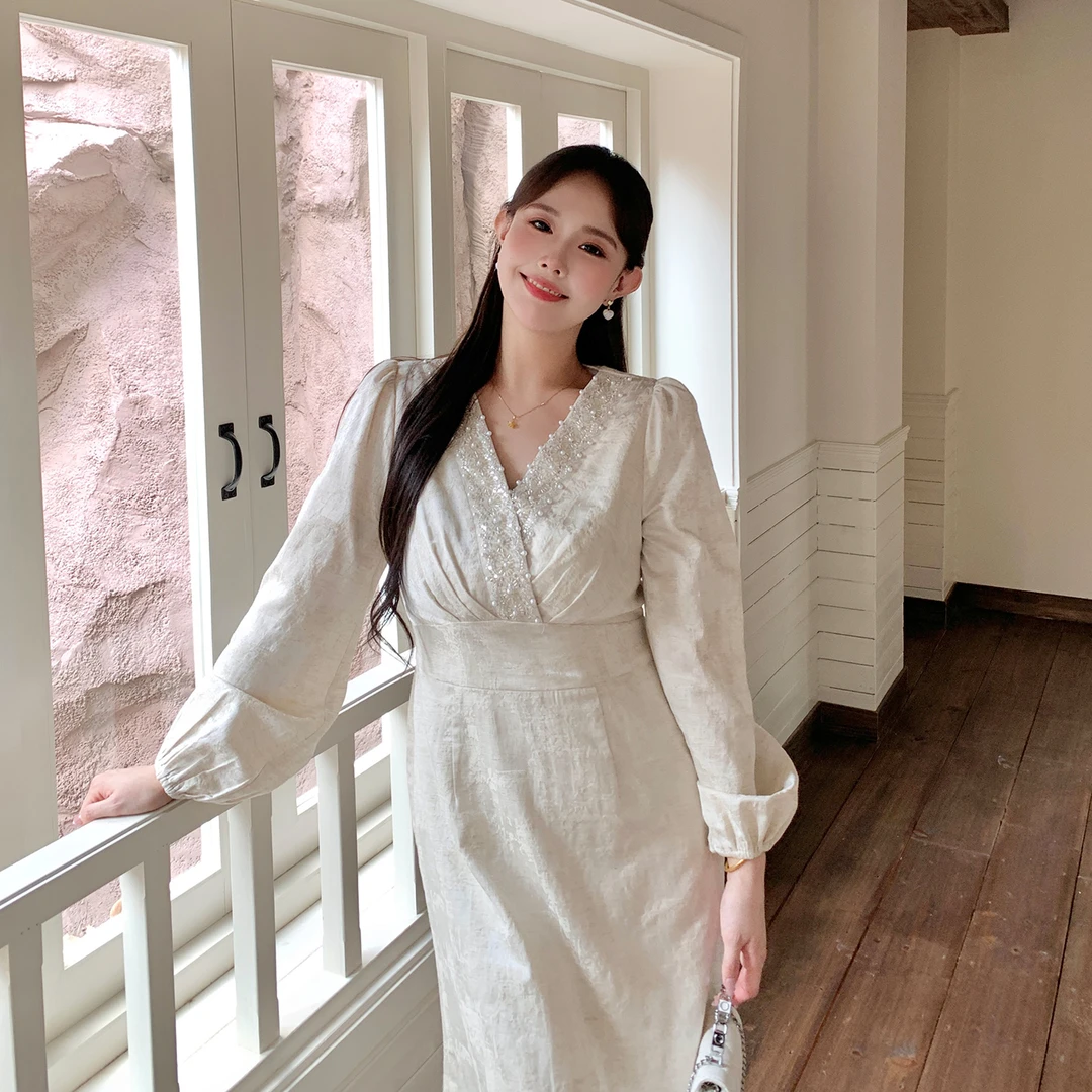 MB大码女装【茉莉拜占庭】秋冬法式V领复古提花钉珠长款A字连衣裙