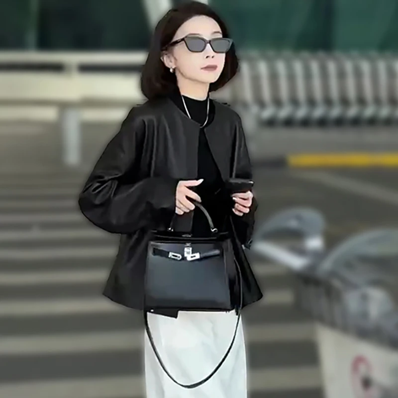 赫本黑色爆款皮衣外套春季高级2025机车夹克通勤外穿修身显瘦白裤