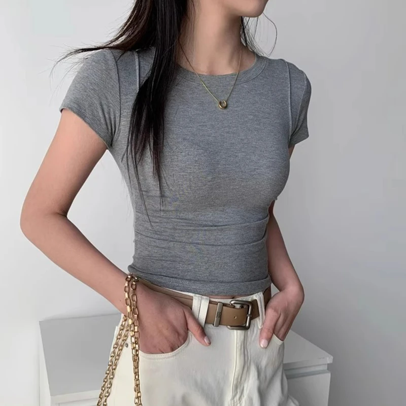 2025春夏季鱼骨设计感纯色小众短款卡腰收腰正肩上衣ins短袖t恤女