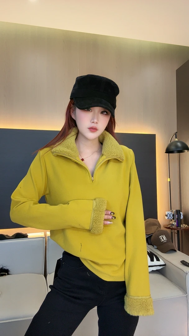「彤彤」双面绒高弹保暖翻领羊羔毛半拉链衫A6905