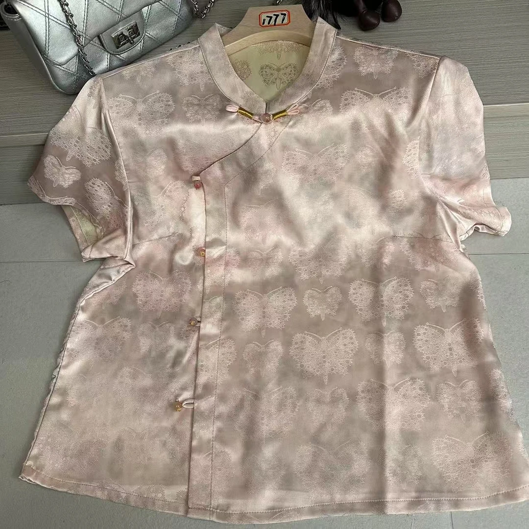 202500077新中式气质时尚短袖小衫女装百搭透气精致提花显瘦 "