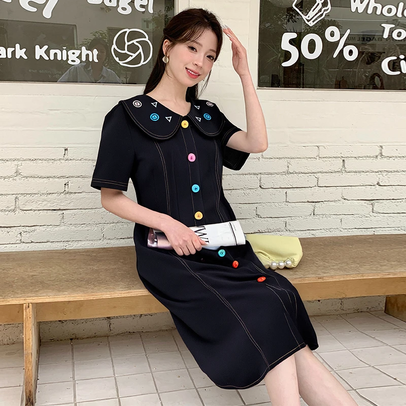 五季家ol大码女装连衣裙夏季娃娃领单排扣收腰显瘦牛仔裙ZL54330