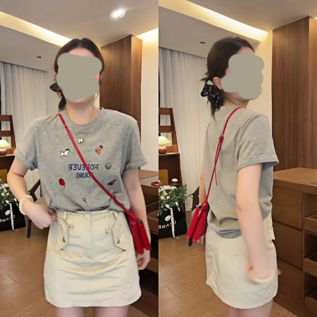 【小乐园】韩版风正肩刺绣短袖T恤女夏季新款百搭时尚灰色上衣减龄