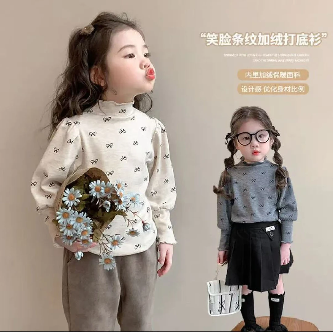 吸汗碎花冬季修身法式印花女T恤设计感童装加绒