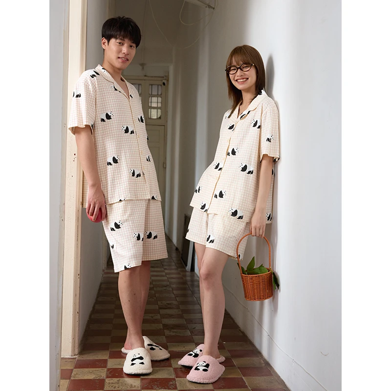 【美家臣】情侣熊猫睡衣夏新疆棉开衫短袖简约时尚格纹家居服套装