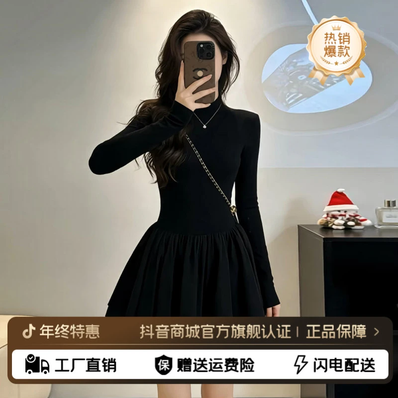 韩系高级感黑色掐腰针织连衣裙女秋冬2026新款特别漂亮收腰蓬蓬裙
