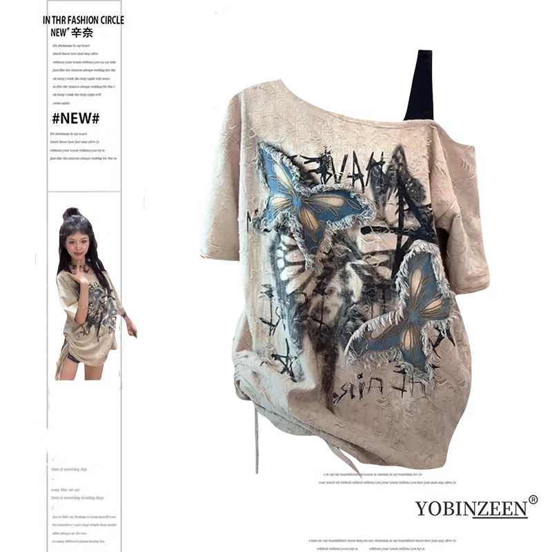 2025胖mm美式复古甜酷辣妹蝴蝶贴布宽松中长款短袖T恤ins上衣女夏