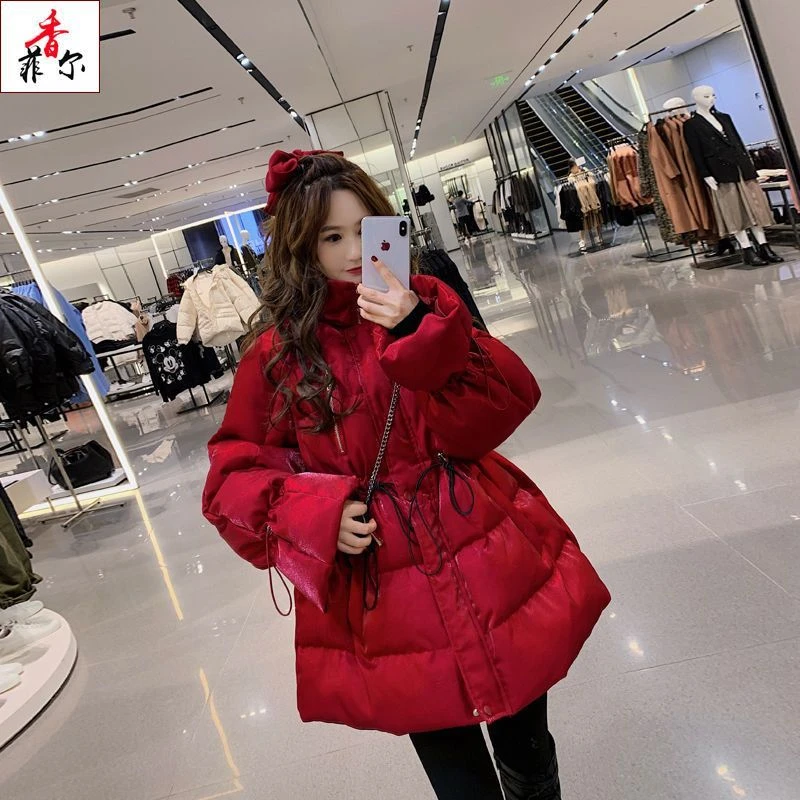 花花公子贵宾【上新】U.VN酒红色立领收腰棉服外套女冬季羽绒棉衣中