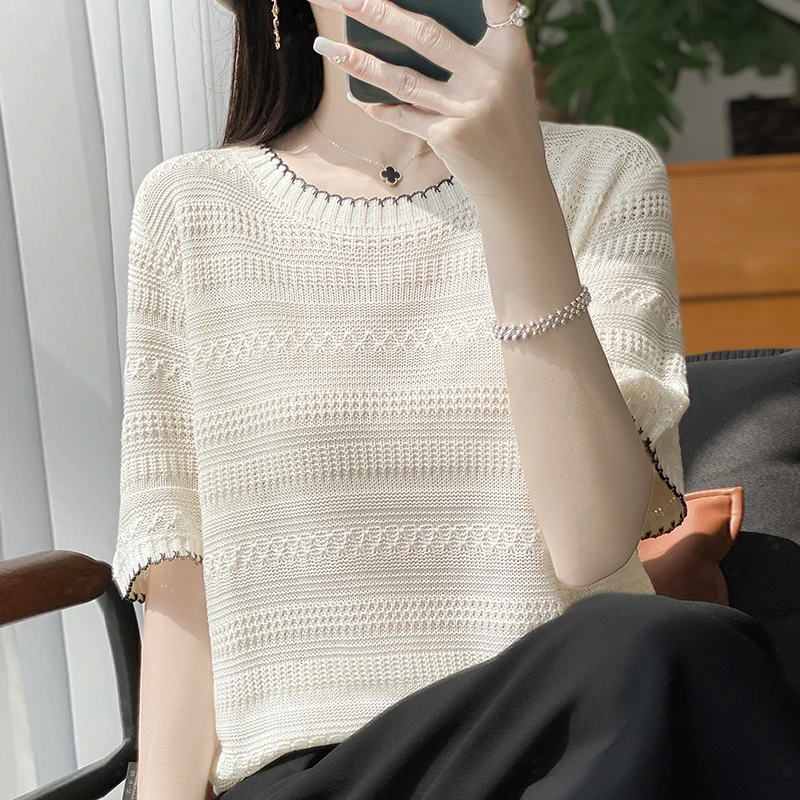 圆领针织衫女夏装2025新款大码短袖T恤宽松显瘦薄款镂空冰丝上衣