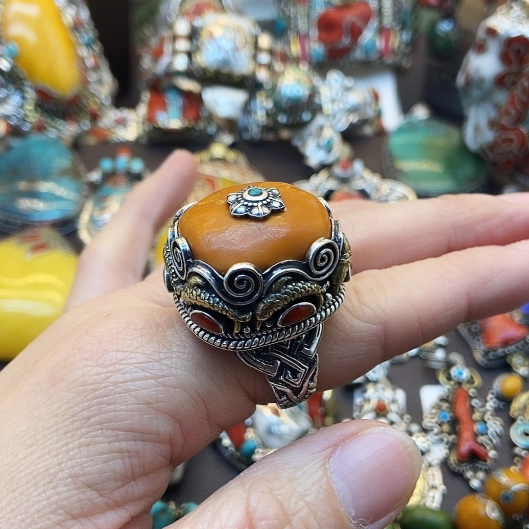 蜜蜡银S925镶嵌戒指坤尼泊尔手工制作