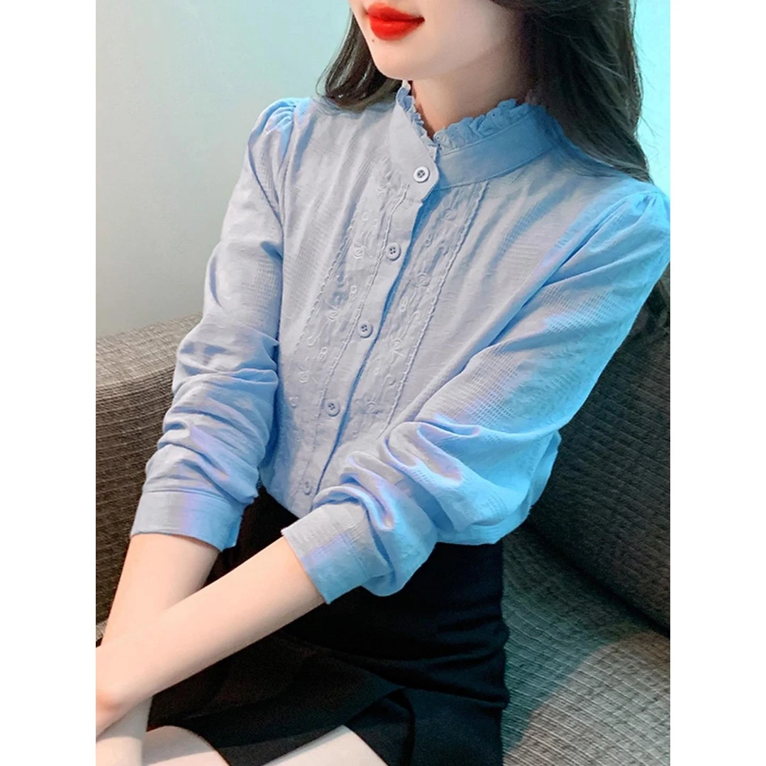 白衬衫女2025秋季新款法式刺绣木耳边立领全棉时尚独特超好看上衣
