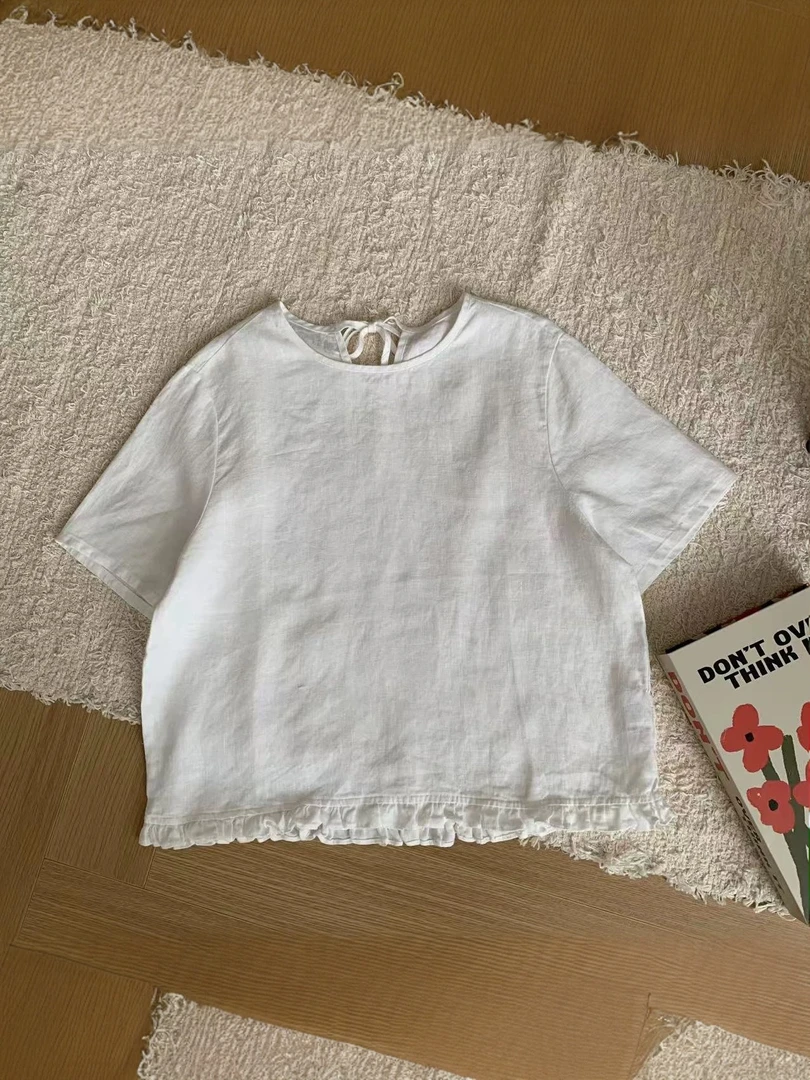 短袖圆领薄款通勤极简风夏季衬衫短款木耳边100亚麻上衣