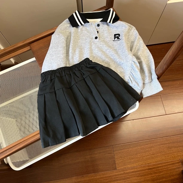 【编号F466】C319-08- 儿童POLO领百褶裙套装灰色-YJ