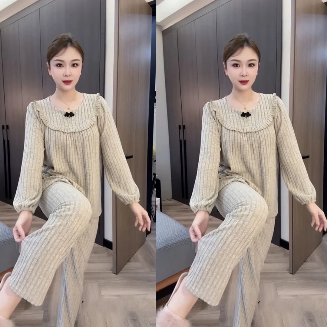 秋冬上新款女士休闲舒适家居服睡衣套装长袖时尚洋气弹力舒适大码