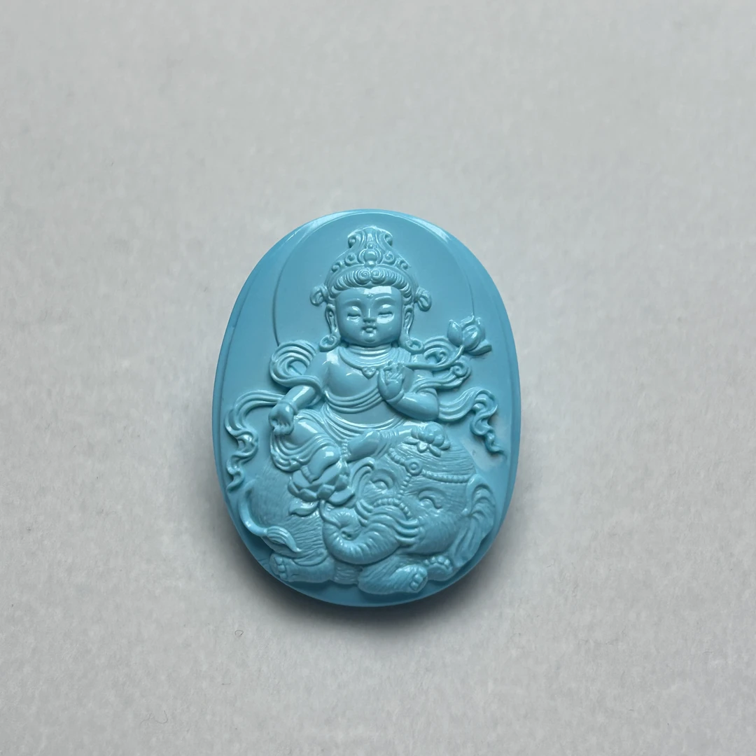 湖北竹山原矿高瓷高蓝绿松石大师手作精品雕刻普贤菩萨吊坠挂件
