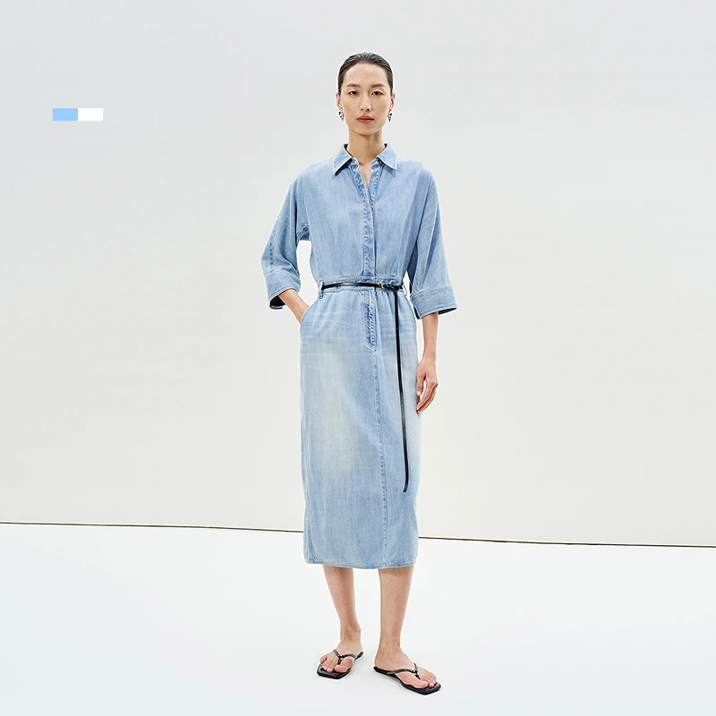【商场同款】LESS2025夏新莱赛尔休闲衬衫牛仔连衣裙2P4G10220