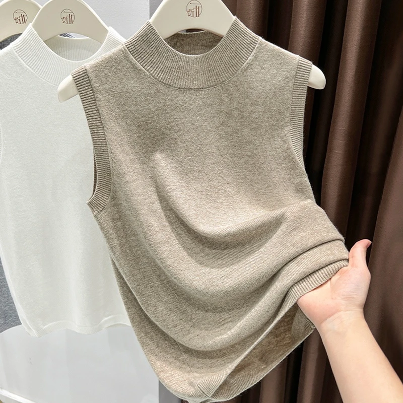 气质温婉高品质纯色洋气无袖针织T恤2025高品质半高领女士小上衣
