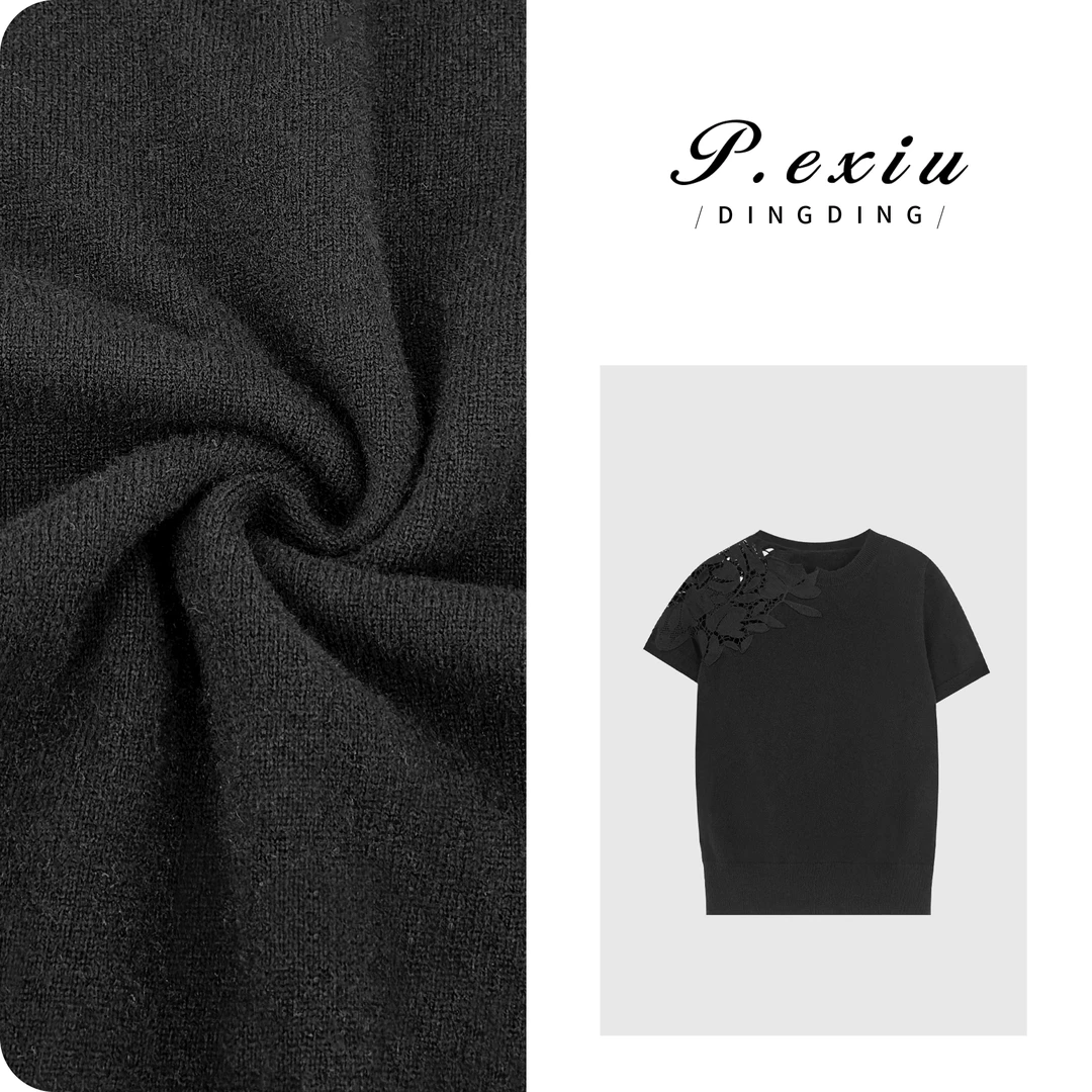 100%羊毛绣花镂空精致气质针织短袖上衣C063