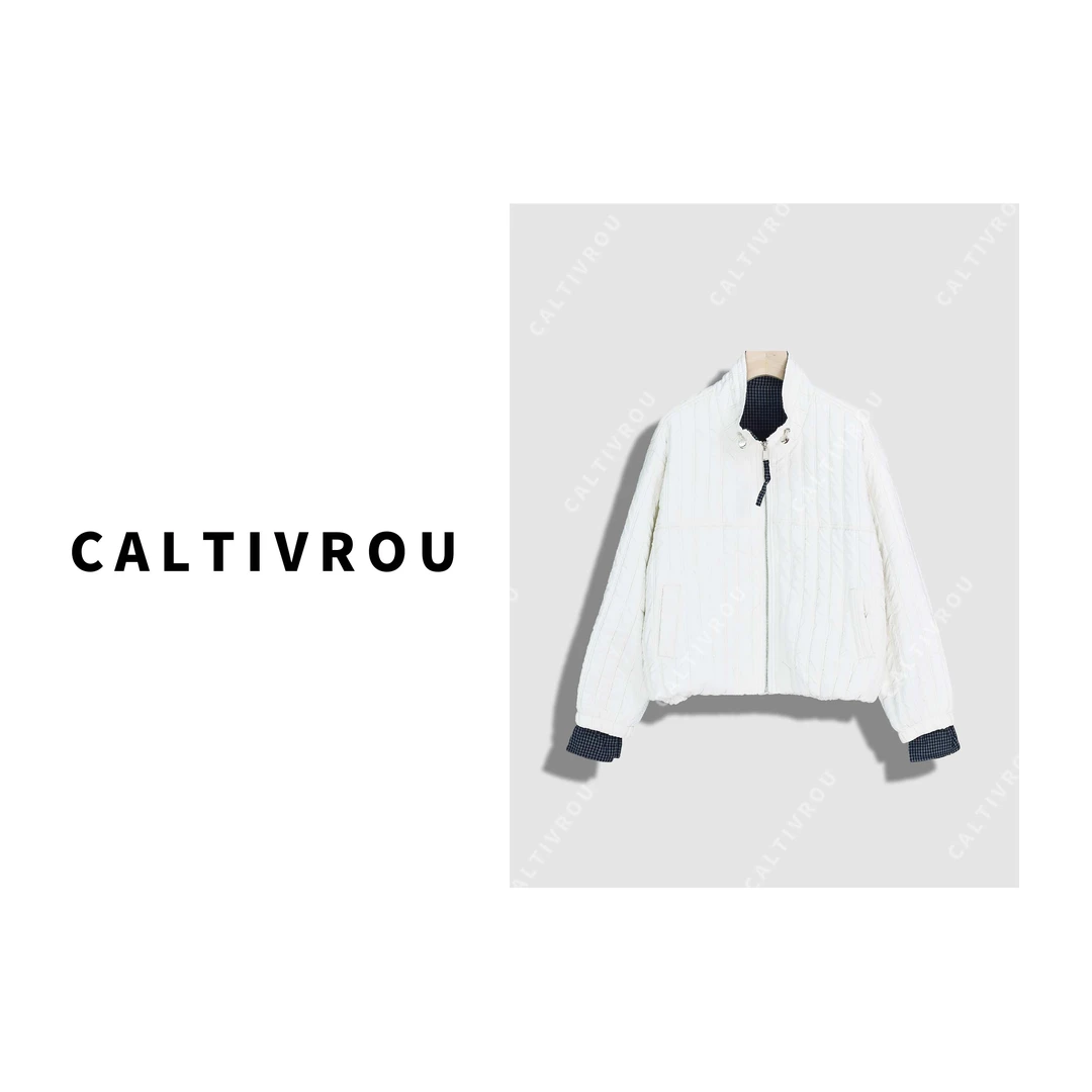 Caltivrou【蕊蕊】时尚立领抽绳设计格子拼接外套-Y18947