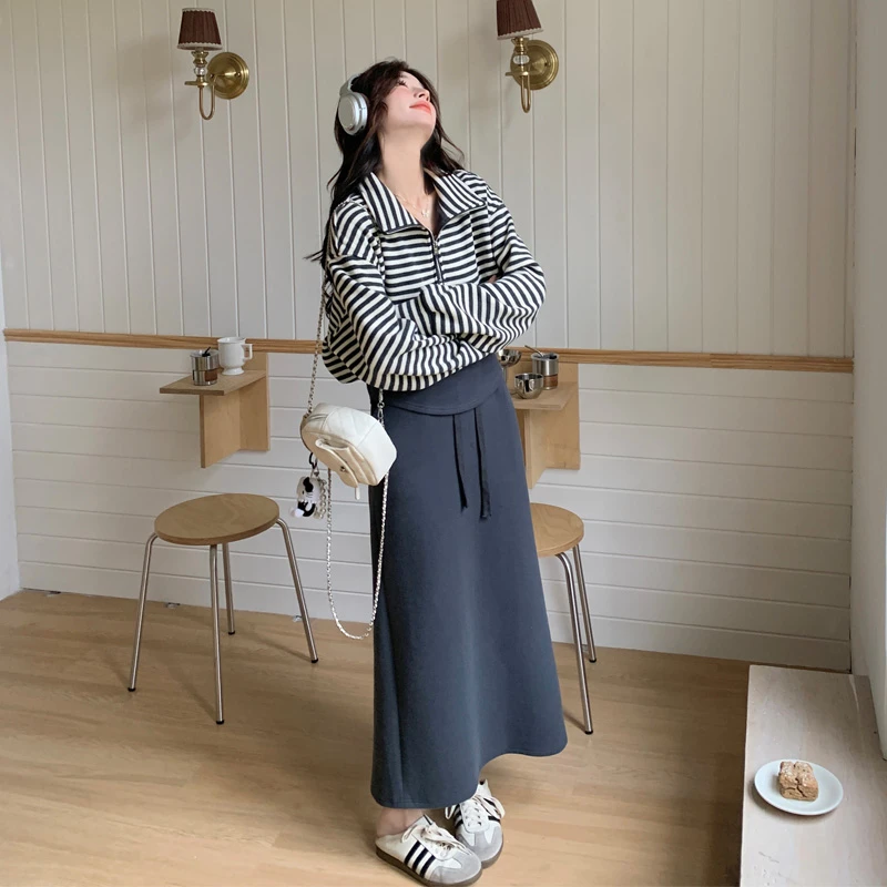 氛围感减龄套装裙女2025春秋新款松弛感慵懒风韩系条纹外套半身裙