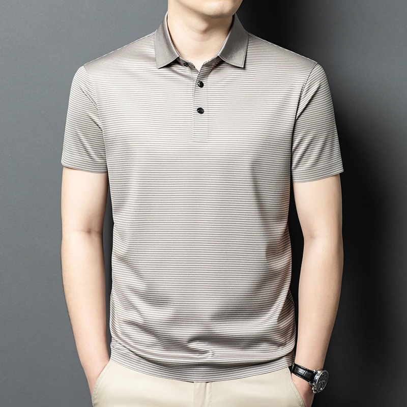 桑蚕丝短袖Polo衫条纹夏季中年爸爸装2025年t恤薄款商务休闲上衣
