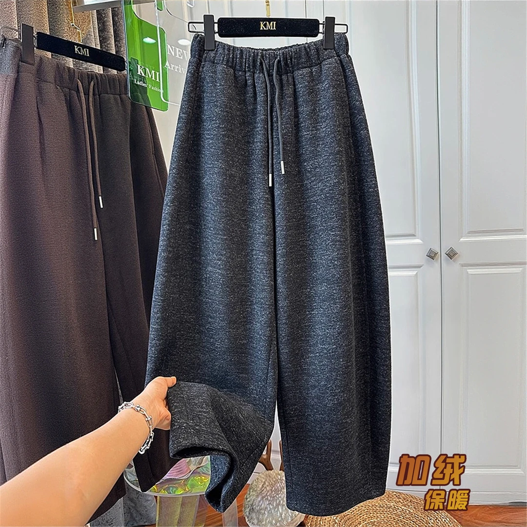 高级欧洲站抽绳松紧腰软糯垂感休闲裤女弯刀裤毛呢保暖2025秋冬装