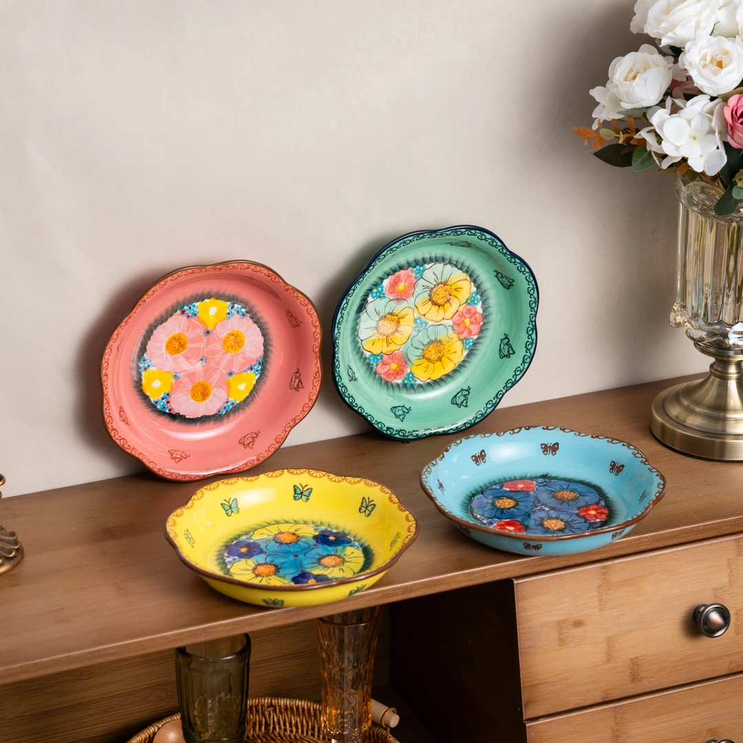 【SILESIA/出口原单】手绘色彩琉璃-8英寸花边深盘四个装