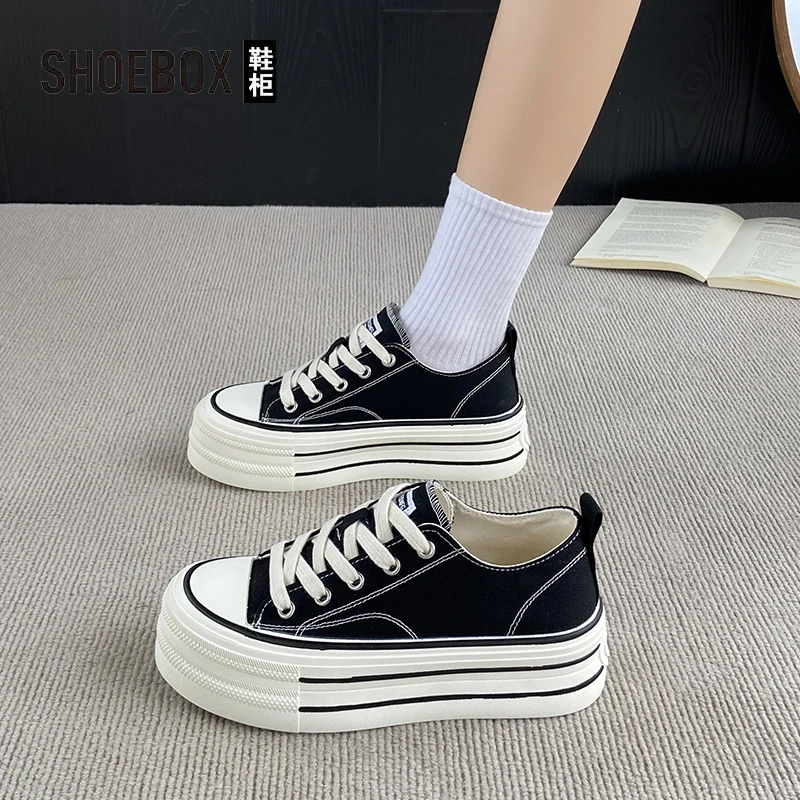 SHOEBOX鞋柜网红经典帆布鞋女2025秋季新款厚底休闲百搭小白鞋