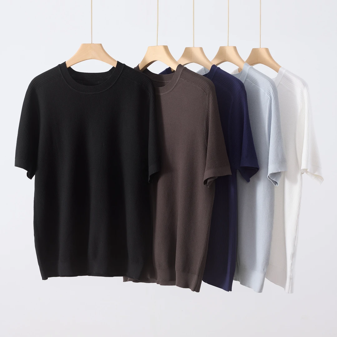 【冰丝伊力特】男士轻奢华夫格肌理感提花商务休闲短袖T恤男针织衫