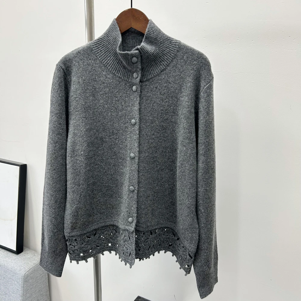 全羊毛开衫【衣长60】 高领 立体雕花针织衫女长羊毛衫毛衣开衫