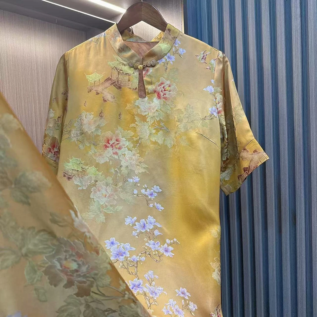 花庭-新中式国风盘扣重磅提花旗袍连衣裙