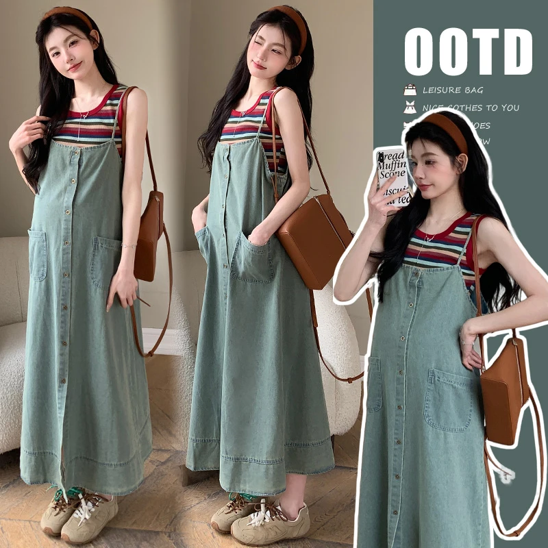 孕妇装2025新款连衣裙夏季大码牛仔背带裙时尚套装洋气时髦高级感