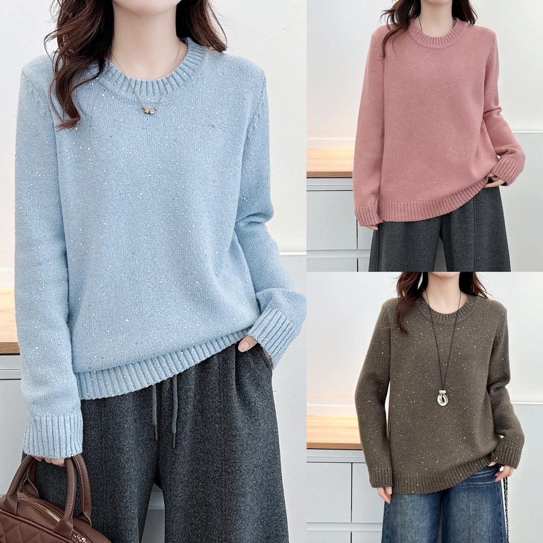 JIANAOBEN/简澳本微胖大码女装宽松百搭加厚圆领珠片针织衫毛衣