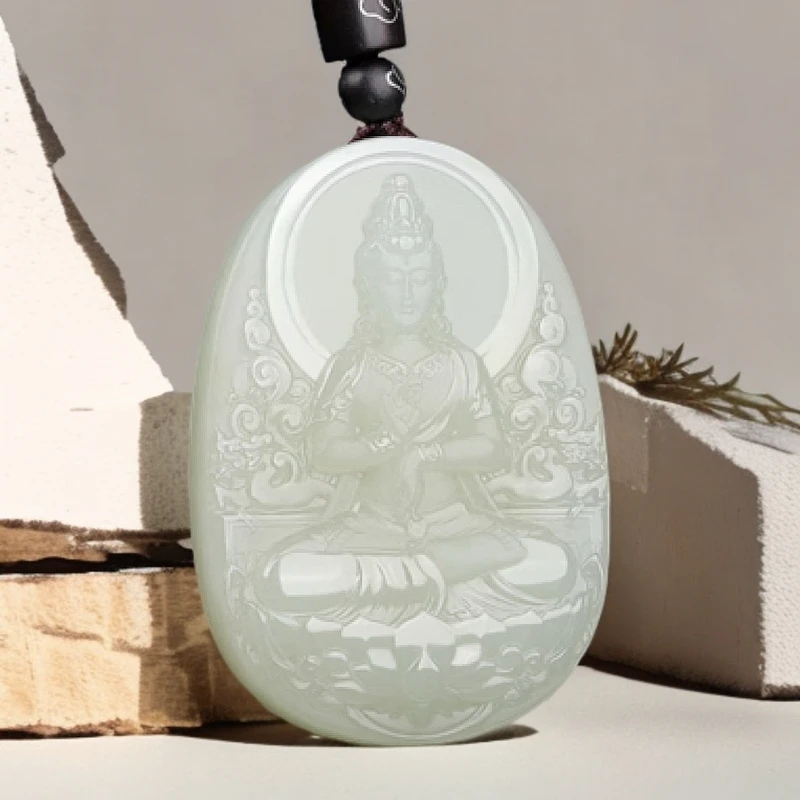 天然新疆和田玉莲花观音玉坠男士款和田玉白玉莲花平安观音吊坠