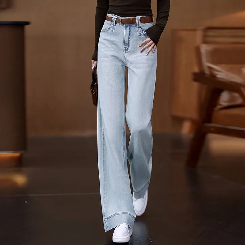 拉夏贝尔浅蓝色2025年新款耐磨亲肤夏季薄款裤子阔腿裤女装子
